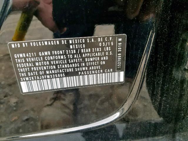 3VW2K7AJ9FM325865 - 2015 VOLKSWAGEN JETTA BASE 黑色 照片 10