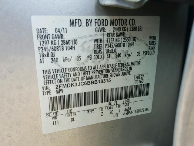 2FMDK3JC6BBB18315 - 2011 FORD EDGE SEL SILVER photo 10