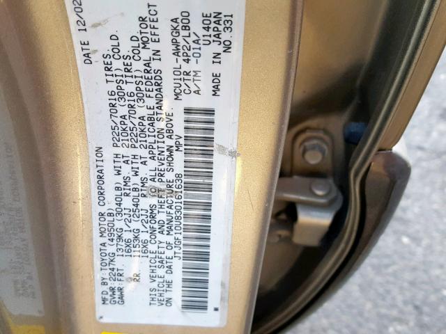 JTJGF10U830161638 - 2003 LEXUS RX 300 GOLD photo 10