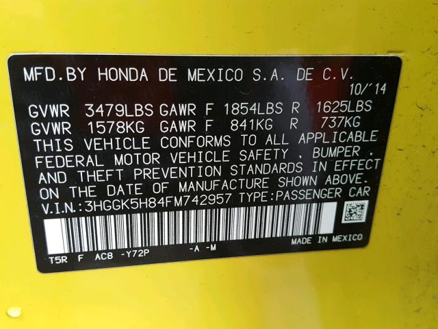 3HGGK5H84FM742957 - 2015 HONDA FIT EX YELLOW photo 10