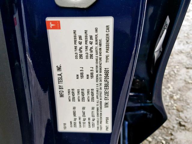 5YJ3E1EB8JF094601 - 2018 TESLA MODEL 3 BLUE photo 10