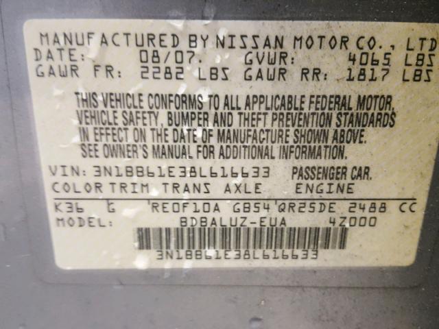 3N1BB61E38L616633 - 2008 NISSAN SENTRA SE- GRAY photo 10