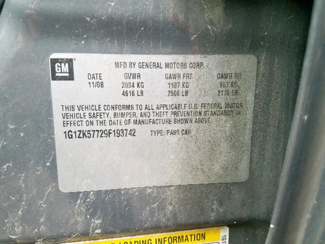 1G1ZK57729F193742 - 2009 CHEVROLET MALIBU LTZ ნაცრისფერი ფოტო 10