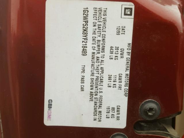 1G2WP52K8YF218489 - 2000 PONTIAC GRAND PRIX წითელი ფოტო 10