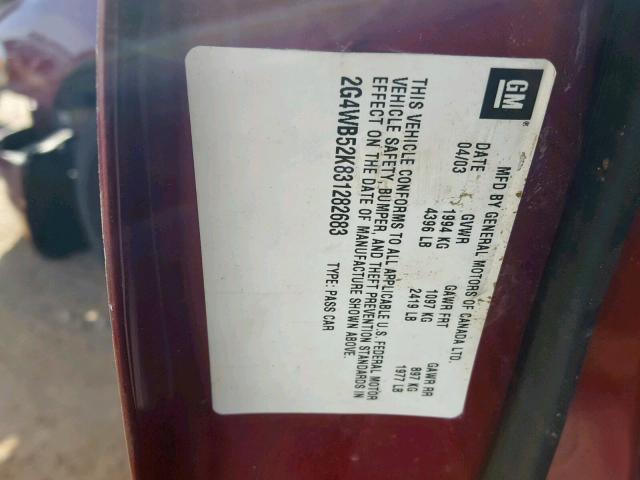 2G4WB52K831282683 - 2003 BUICK REGAL LS BURGUNDY photo 10