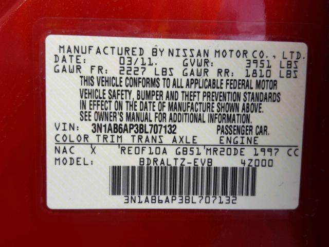 3N1AB6AP3BL707132 - 2011 NISSAN SENTRA 2.0 RED photo 10