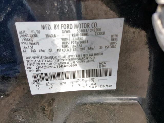 2FMDK38C79BA69660 - 2009 FORD EDGE SEL BLACK photo 10