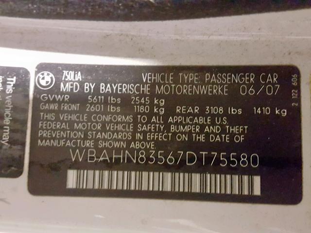 WBAHN83567DT75580 - 2007 BMW 750 WHITE photo 10