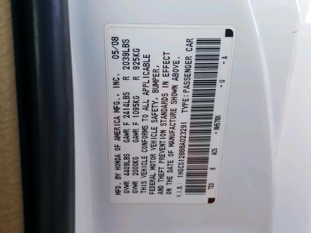 1HGCS12888A023291 - 2008 HONDA ACCORD EXL WHITE photo 10