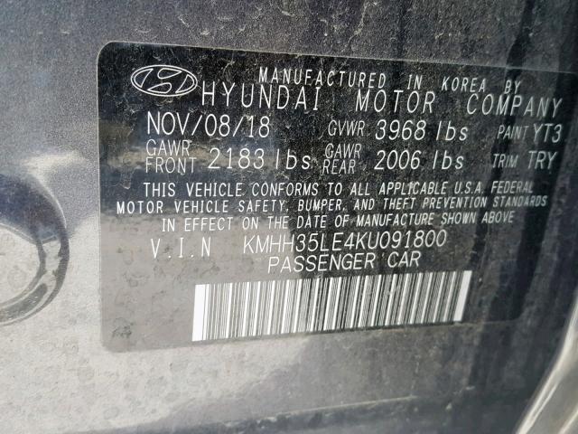 KMHH35LE4KU091800 - 2019 HYUNDAI ELANTRA GT CHARCOAL photo 10