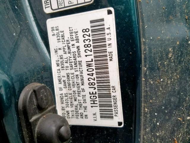 1HGEJ8240WL128328 - 1998 HONDA CIVIC EX GREEN photo 10