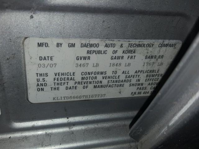 KL1TD56667B167737 - 2007 CHEVROLET AVEO BASE Күміс фото 10