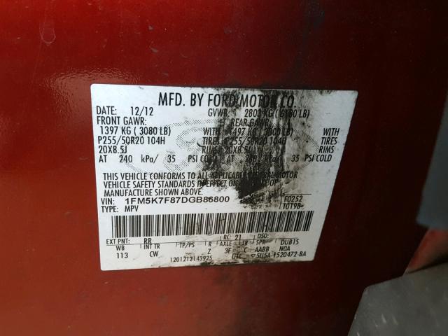 1FM5K7F87DGB86800 - 2013 FORD EXPLORER L RED photo 10