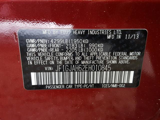 JF1GJAH62EH010845 - 2014 SUBARU IMPREZA LI RED photo 10