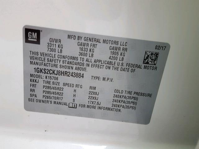 1GKS2CKJ8HR243884 - 2017 GMC YUKON DENA WHITE photo 10