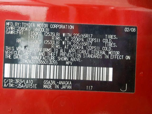 JTMZK31V386013055 - 2008 TOYOTA RAV4 LIMIT RED photo 10