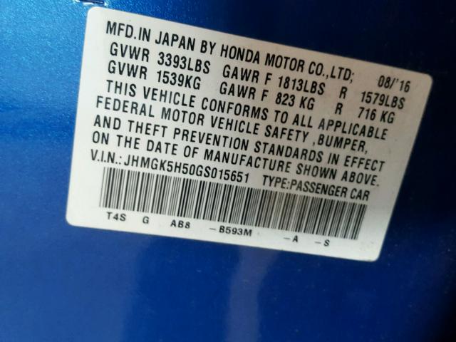 JHMGK5H50GS015651 - 2016 HONDA FIT LX BLUE photo 10