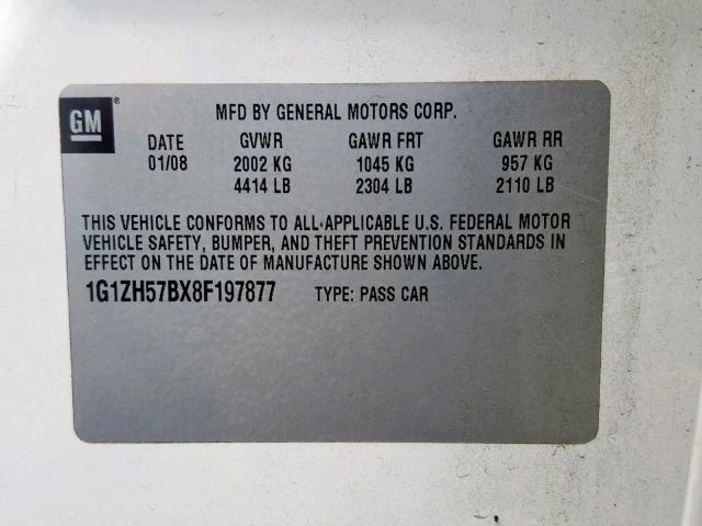 1G1ZH57BX8F197877 - 2008 CHEVROLET MALIBU 1LT 白色 照片 10