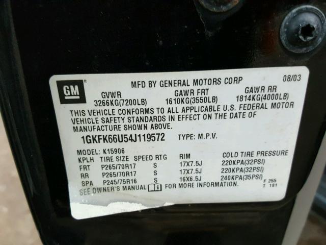 1GKFK66U54J119572 - 2004 GMC YUKON XL D BLACK photo 10