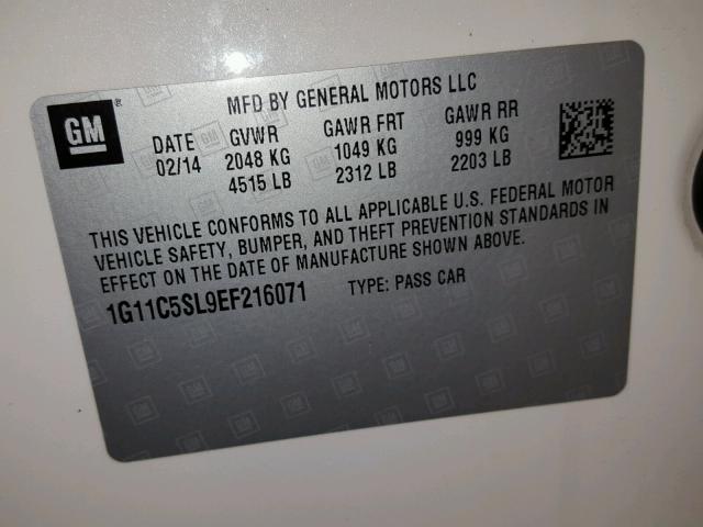 1G11C5SL9EF216071 - 2014 CHEVROLET MALIBU 1LT WHITE photo 10