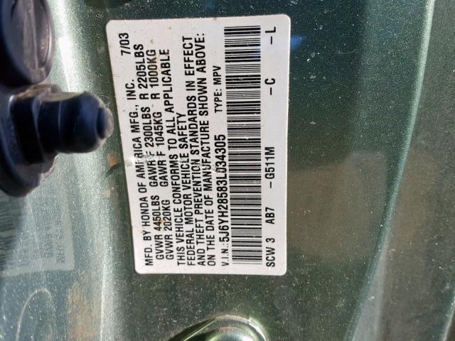 5J6YH28583L034305 - 2003 HONDA ELEMENT EX GREEN photo 10