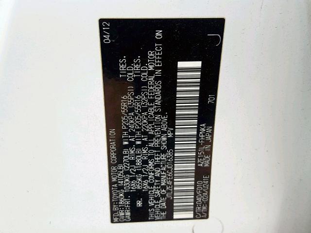 JTLZE4FE6CJ016385 - 2012 TOYOTA SCION XB Ақ фото 10