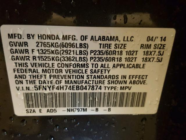 5FNYF4H74EB047874 - 2014 HONDA PILOT EXLN GRAY photo 10