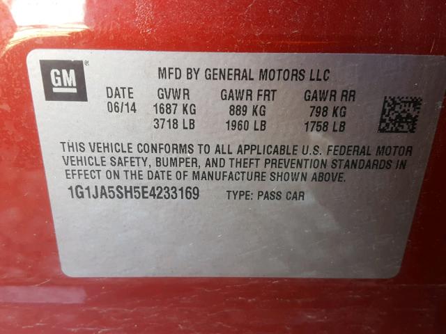 1G1JA5SH5E4233169 - 2014 CHEVROLET SONIC LS 红色 照片 10