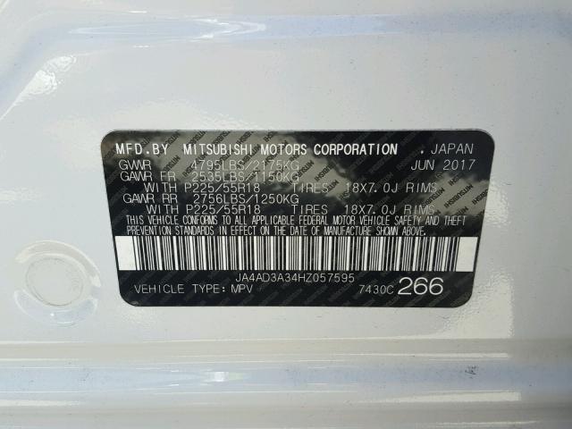 JA4AD3A34HZ057595 - 2017 MITSUBISHI OUTLANDER WHITE photo 10