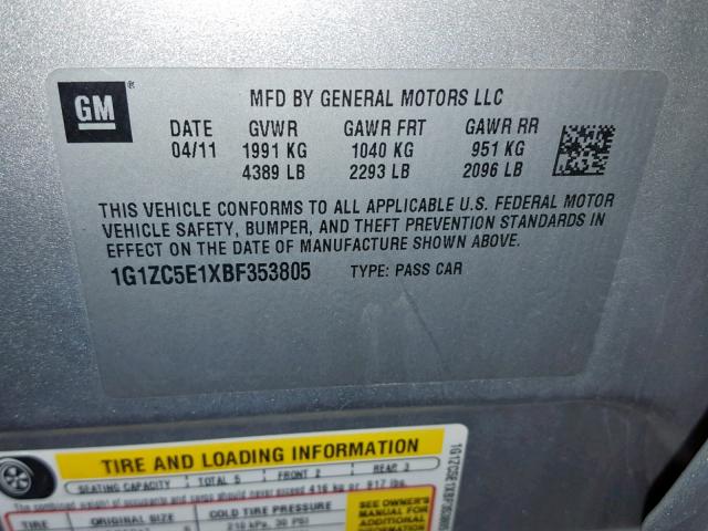 1G1ZC5E1XBF353805 - 2011 CHEVROLET MALIBU 1LT SILVER photo 10