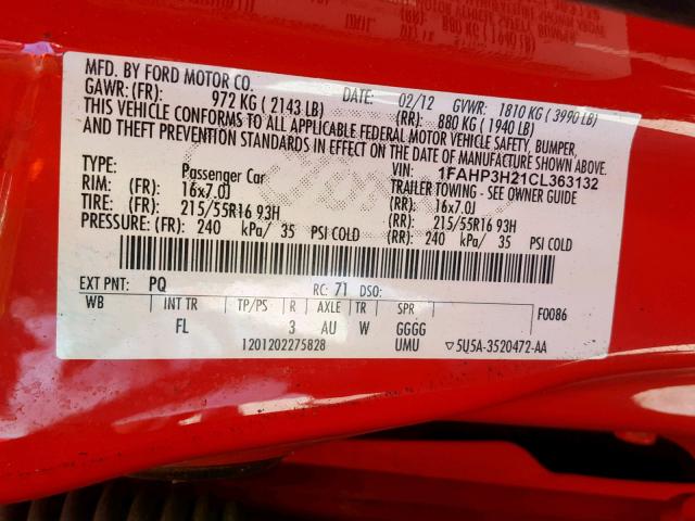 1FAHP3H21CL363132 - 2012 FORD FOCUS SEL RED photo 10