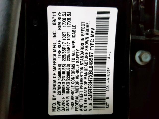 5J6RE3H7XBL049567 - 2011 HONDA CR-V EXL BLACK photo 10