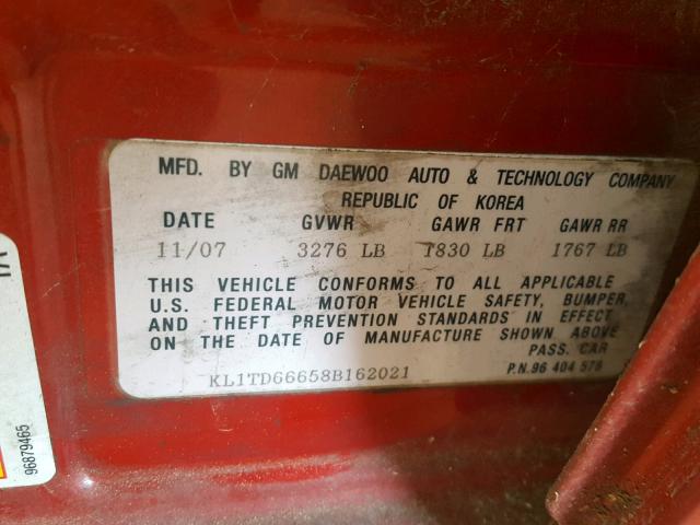 KL1TD66658B162021 - 2008 CHEVROLET AVEO BASE Qırmızı foto 10