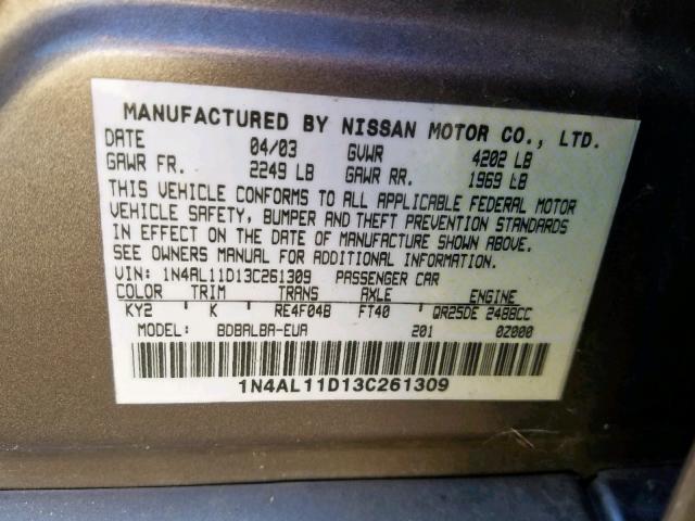 1N4AL11D13C261309 - 2003 NISSAN ALTIMA BAS TAN photo 10