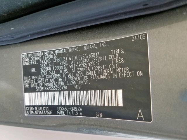 5TDBT48A55S250438 - 2005 TOYOTA SEQUOIA LI GRAY photo 10