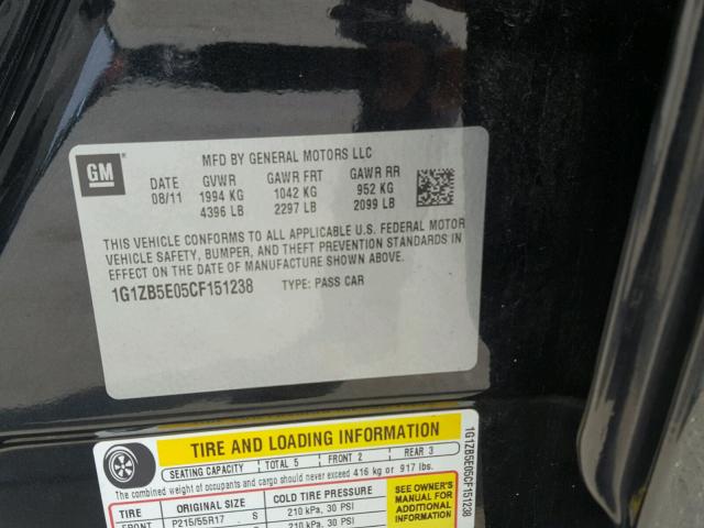 1G1ZB5E05CF151238 - 2012 CHEVROLET MALIBU LS 黑色 照片 10