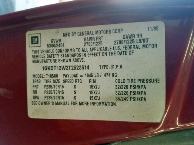 1GKDT13W2T2523614 - 1996 GMC JIMMY MAROON photo 10