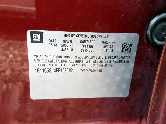 1G11C5SL4FF103002 - 2015 CHEVROLET MALIBU 1LT BURGUNDY photo 10