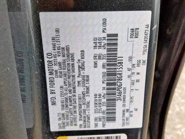 3FA6P0G78GR155811 - 2016 FORD FUSION S CHARCOAL photo 10