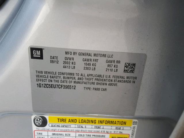 1G1ZC5EU7CF396512 - 2012 CHEVROLET MALIBU 1LT SILVER photo 10