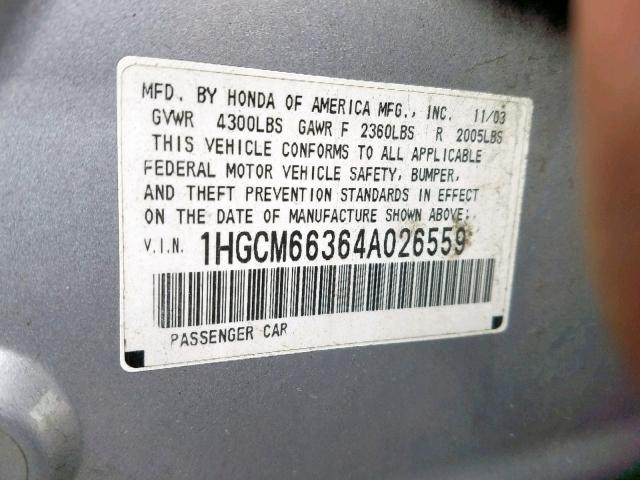 1HGCM66364A026559 - 2004 HONDA ACCORD LX SILVER photo 10