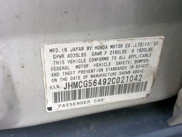 JHMCG56492C021042 - 2002 HONDA ACCORD LX SILVER photo 10