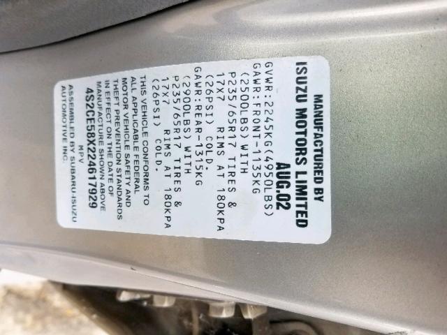 4S2CE58X224617929 - 2002 ISUZU AXIOM XS Gümüş foto 10