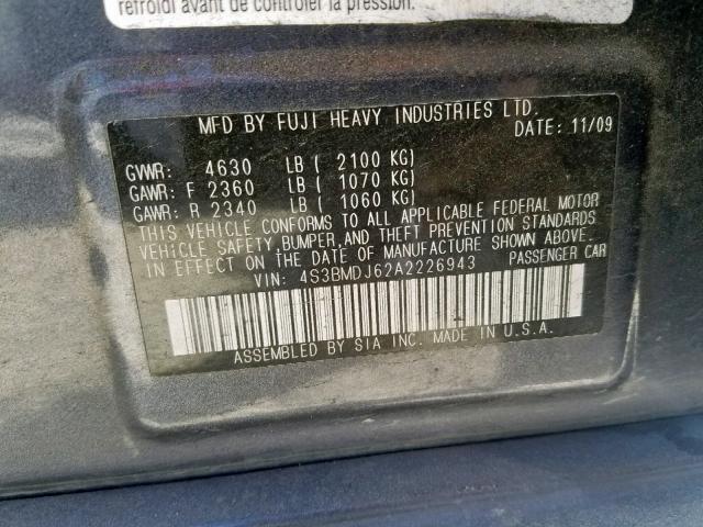 4S3BMDJ62A2226943 - 2010 SUBARU LEGACY 3.6 GRAY photo 10