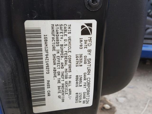 1G8AN12F94Z149273 - 2004 SATURN ION LEVEL BLUE photo 10