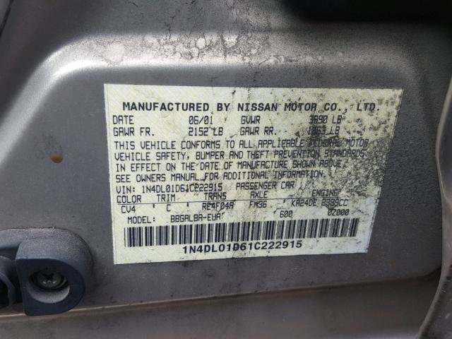 1N4DL01D61C222915 - 2001 NISSAN ALTIMA XE GOLD photo 10