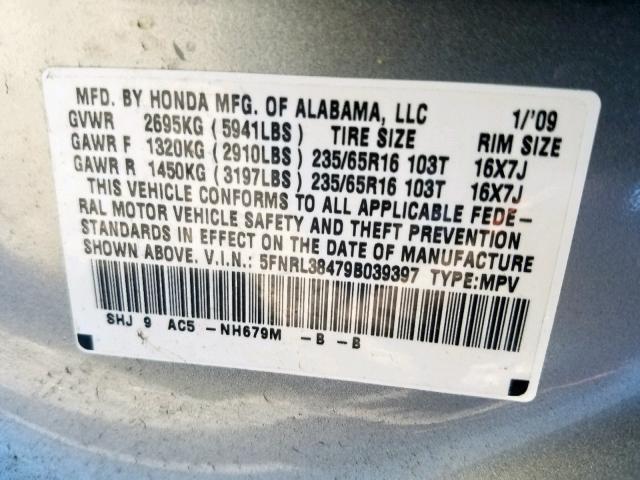 5FNRL38479B039397 - 2009 HONDA ODYSSEY EX SILVER photo 10