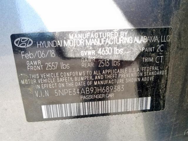 5NPE34AB9JH689383 - 2018 HYUNDAI SONATA SPO GRAY photo 10