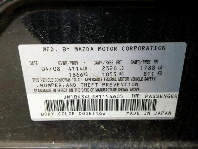 JM1BK34L381154605 - 2008 MAZDA SPEED 3 BLACK photo 10