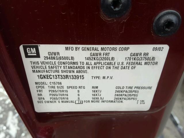 1GKEC13T33R133915 - 2003 GMC YUKON BURGUNDY photo 10